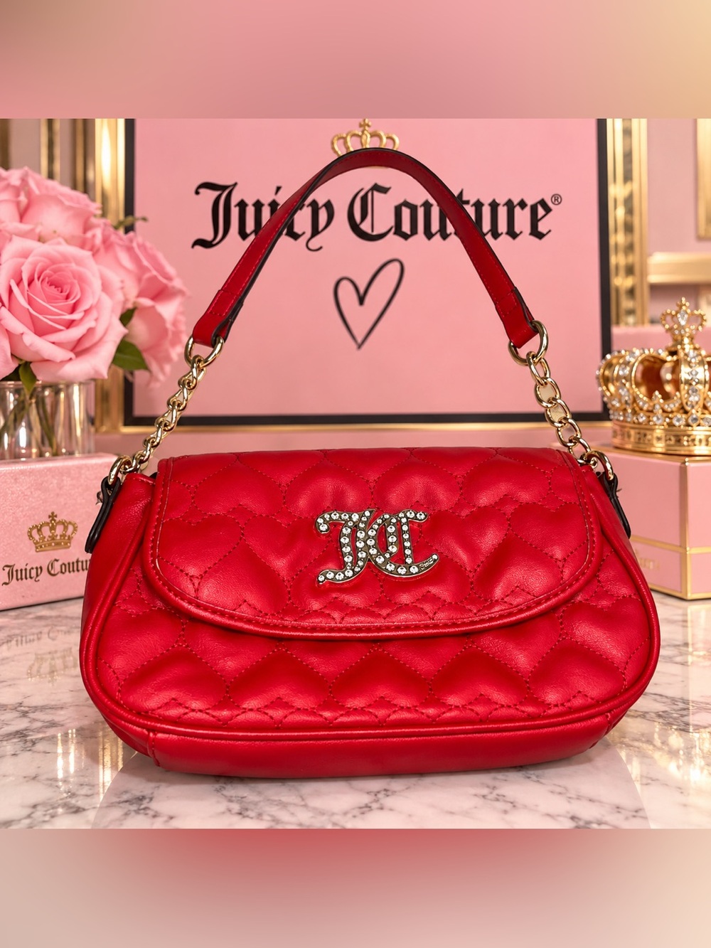 ❤️ Juicy Couture Red Quilted Heart “Straight From The Heart” Shoulder Bag